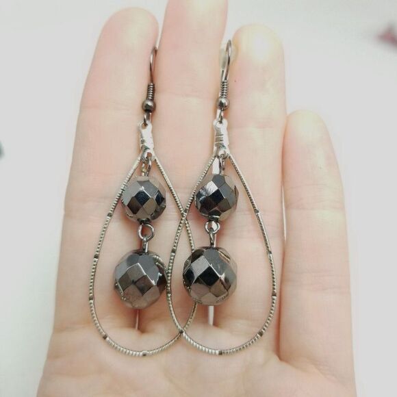 Vintage Sparkly Beaded Drop Shape Dangle Earrings, Silver Tone, Long Size - Picture 1 of 5